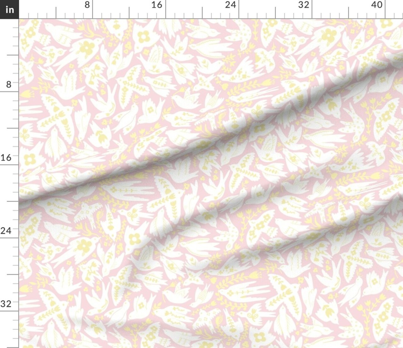 Whimsical Doves Pastel Pink Yellow Birds Floral Custom Printed Fabric by Spoonflower Various Fabrics by the Yard or Fat Quarter